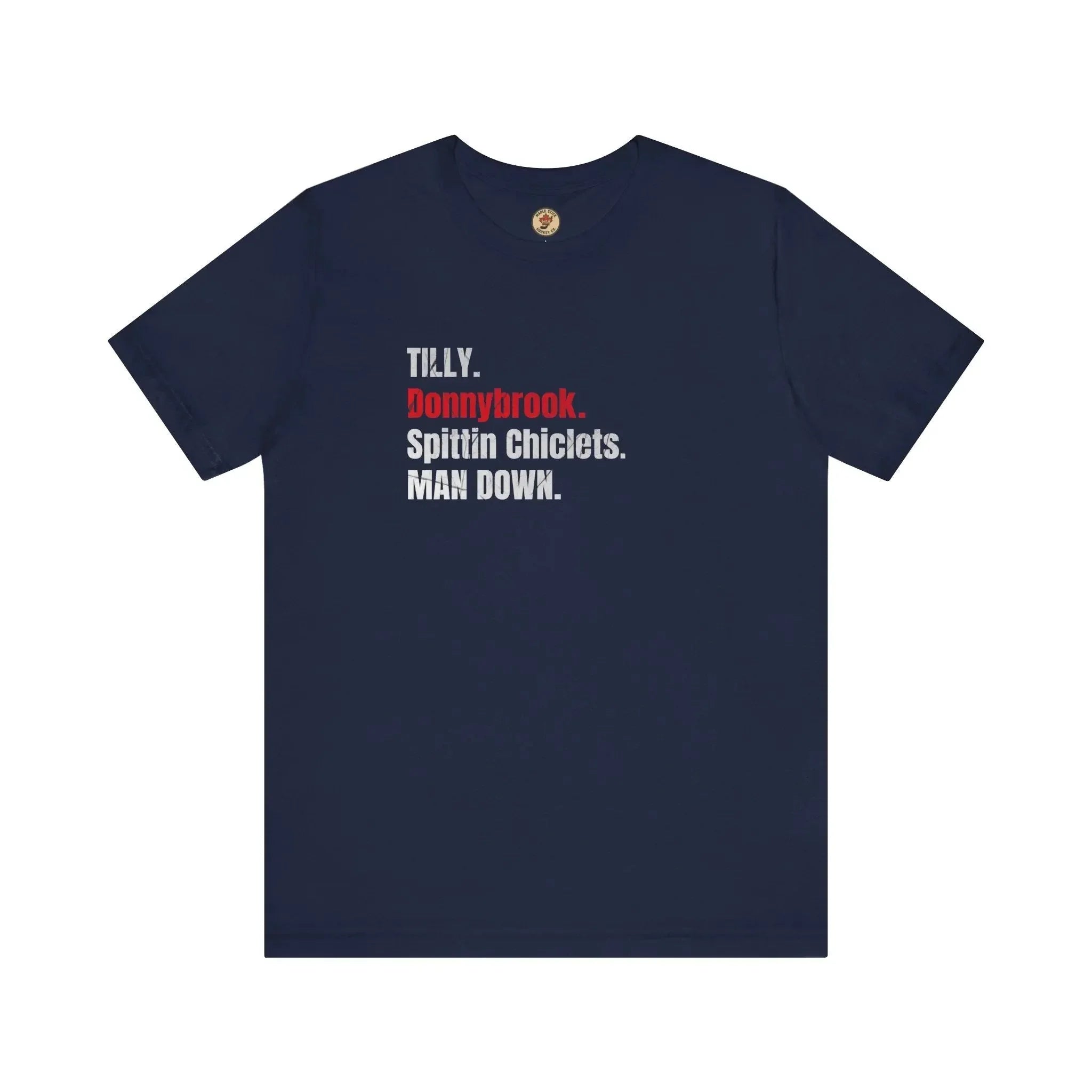 Navy blue T-shirt with bold white and red hockey slang text design on front