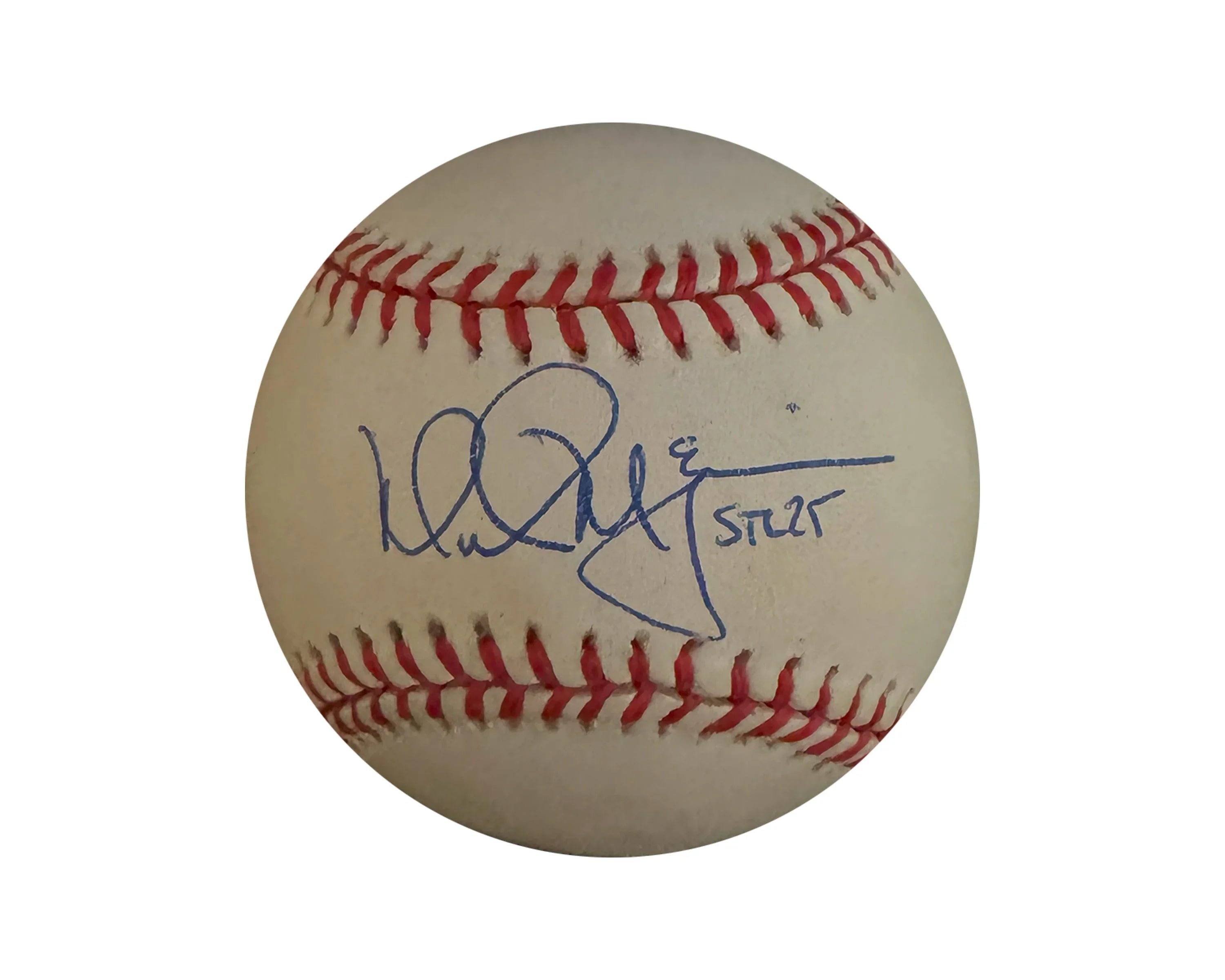 Autographed baseball with red stitching and blue signature on white background