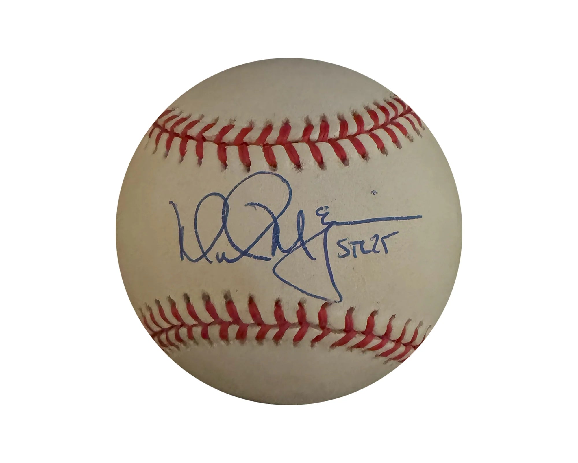 Autographed baseball with red stitching and blue signature on white background