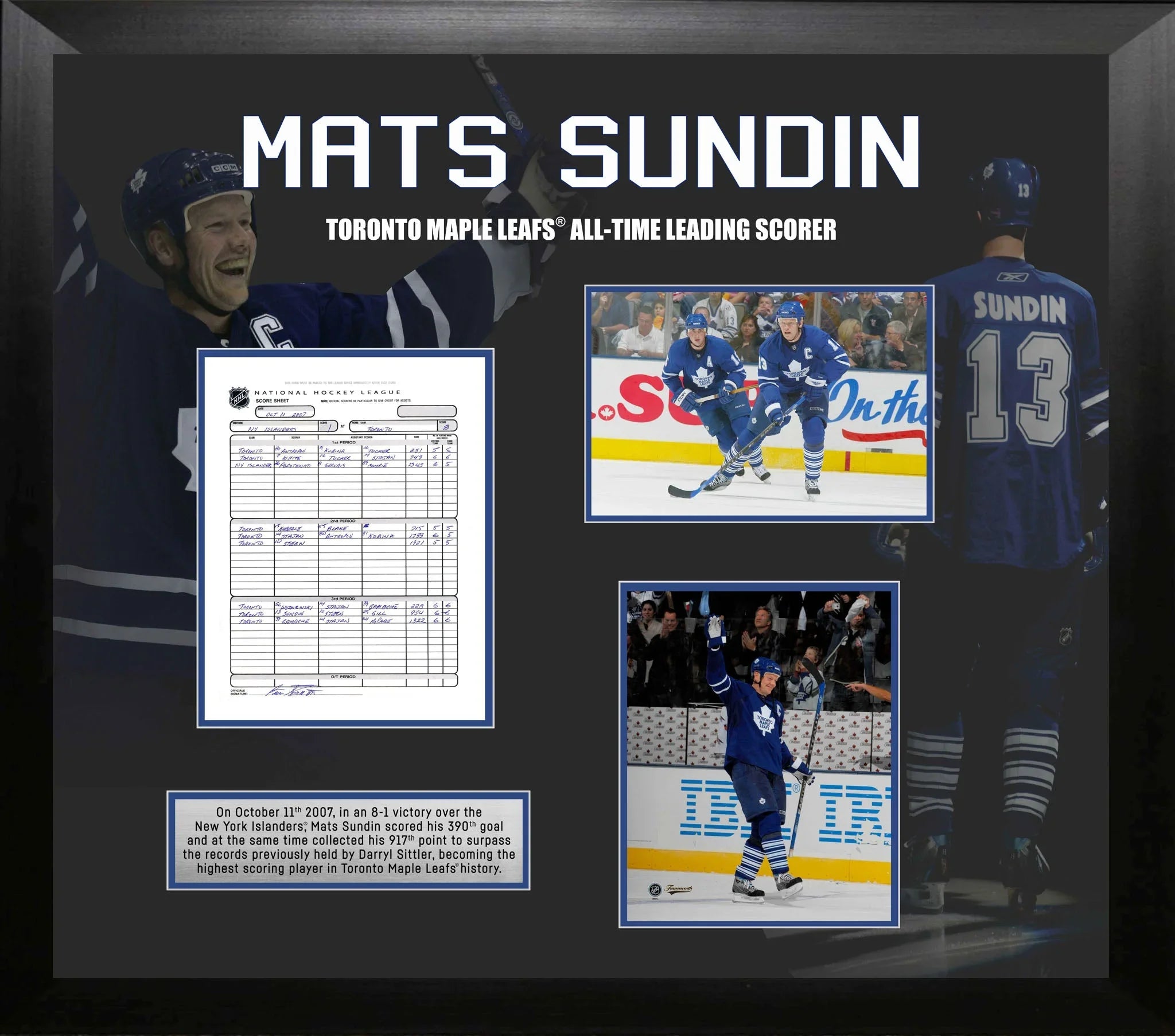 Framed Mats Sundin Toronto Maple Leafs tribute with photos, hockey stats sheet, and text plaque
