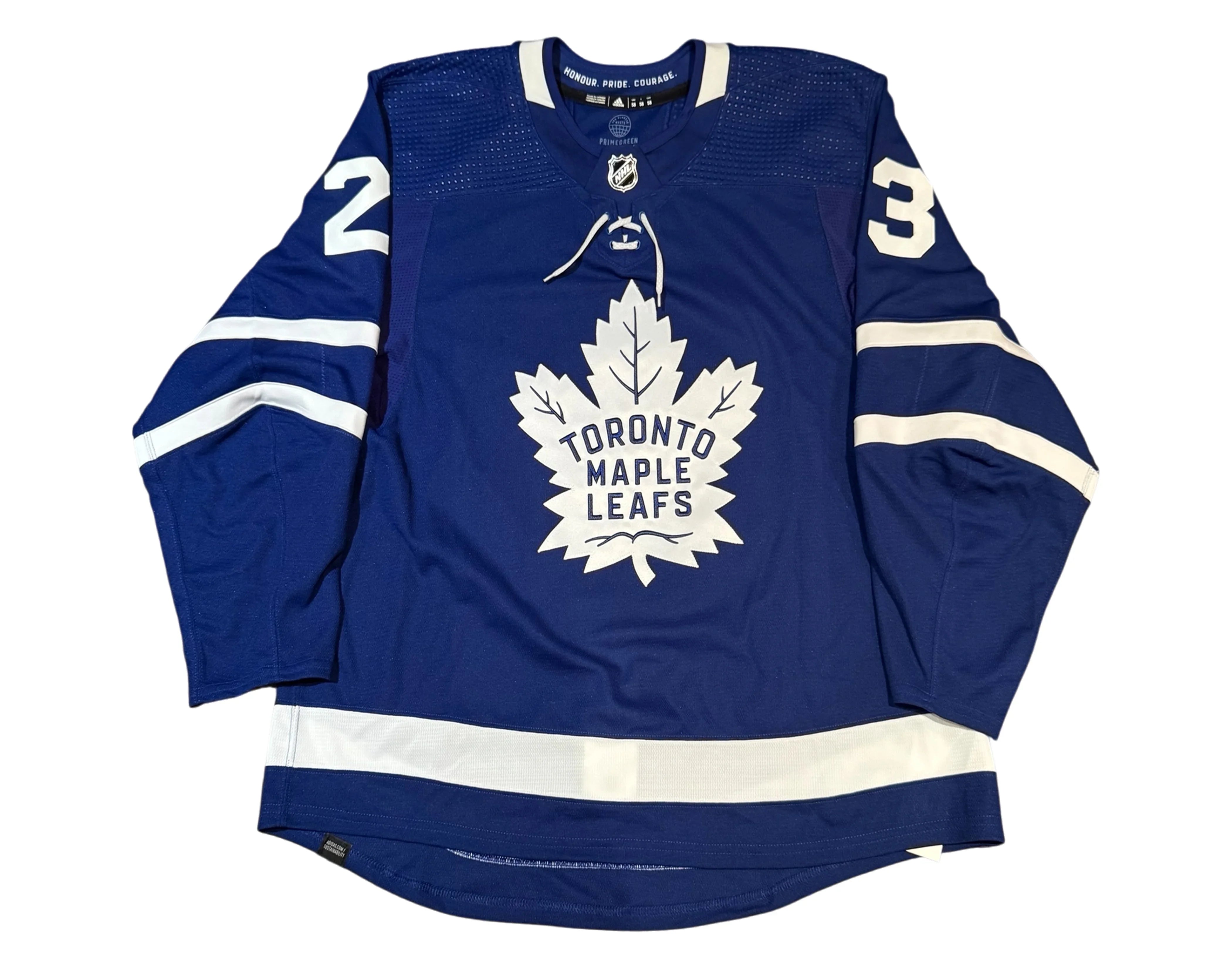 Toronto Maple Leafs blue hockey jersey with white maple leaf logo and number 23
