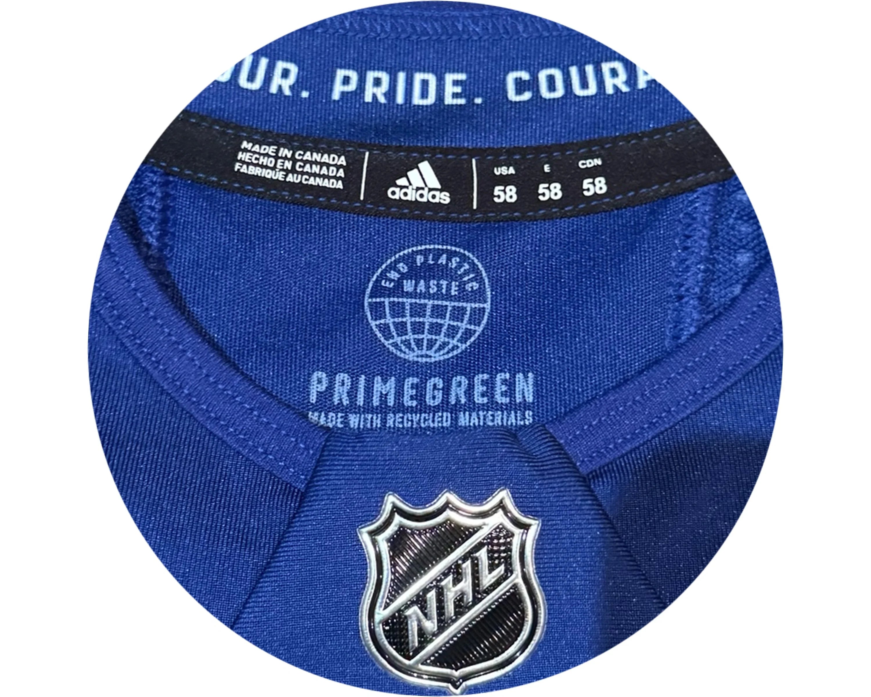 Blue Adidas NHL Primegreen hockey jersey collar with logo and recycled materials label