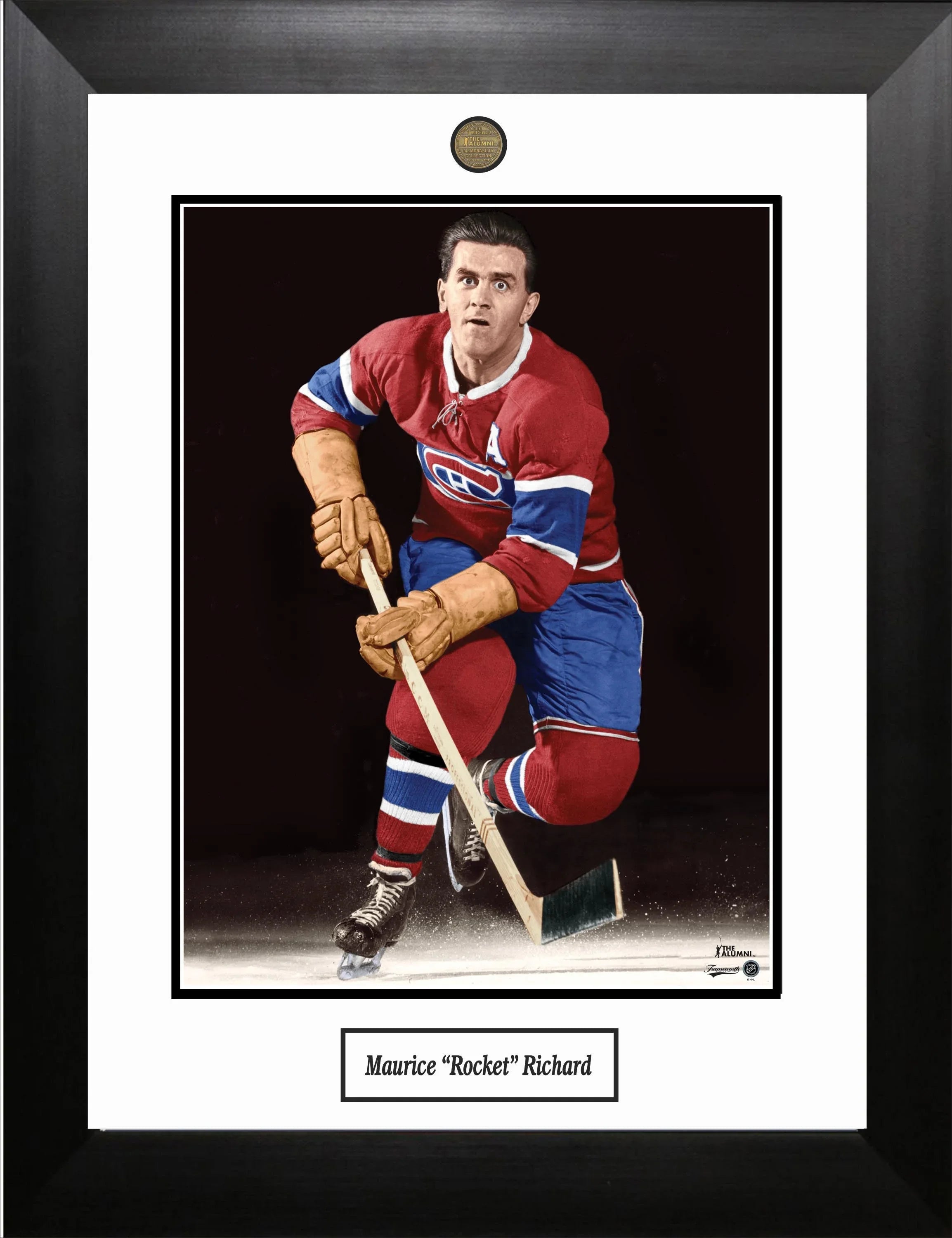 Framed photo of Montreal Canadiens hockey player in red jersey on ice, vintage style.