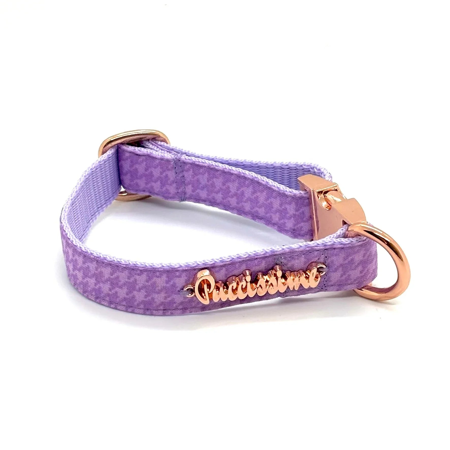 Purple houndstooth dog collar with rose gold hardware and Puccissime nameplate