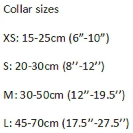 Collar sizes chart showing XS, S, M, L with centimeter and inch measurements.