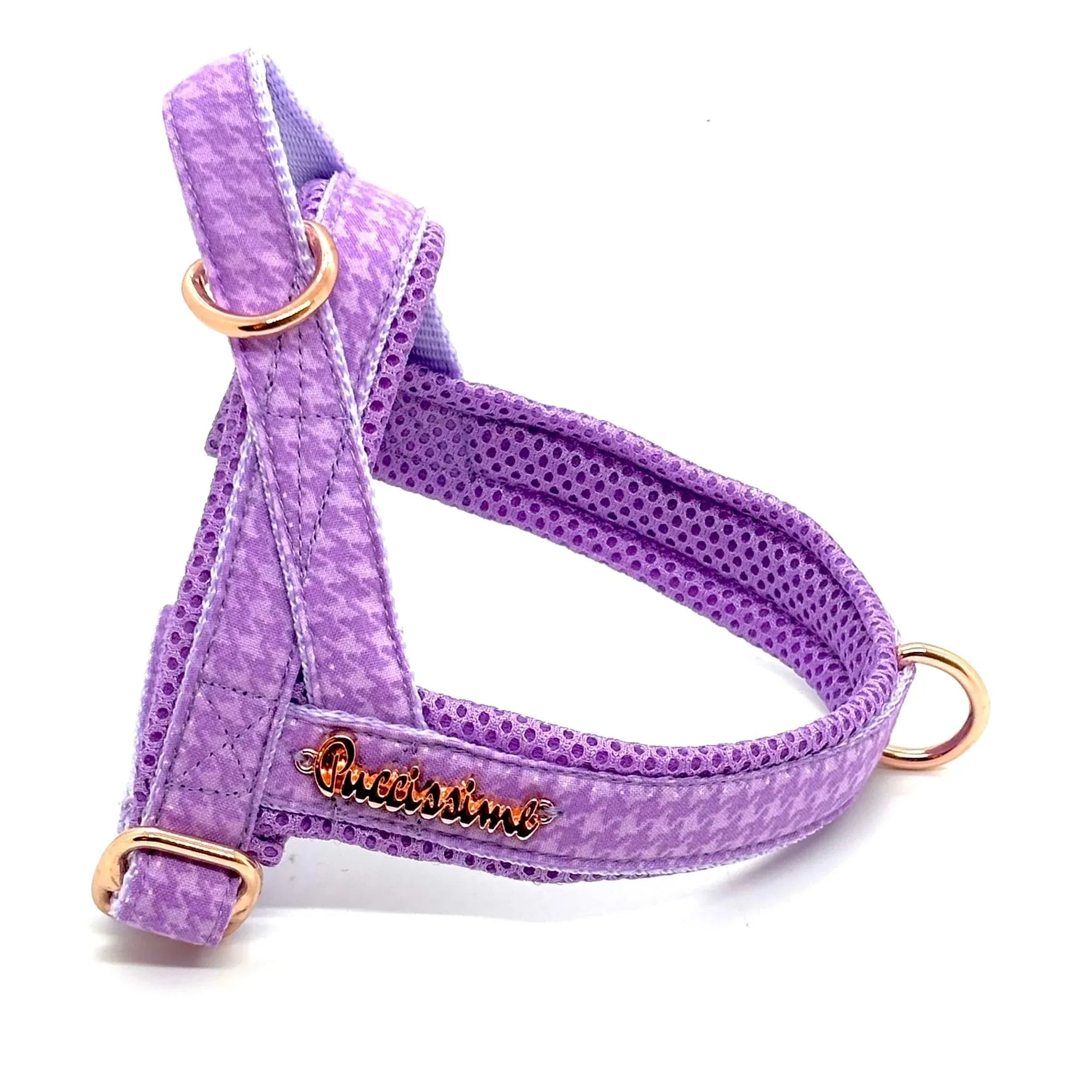 Purple houndstooth mesh dog harness with gold hardware and Puccissimo logo on white background