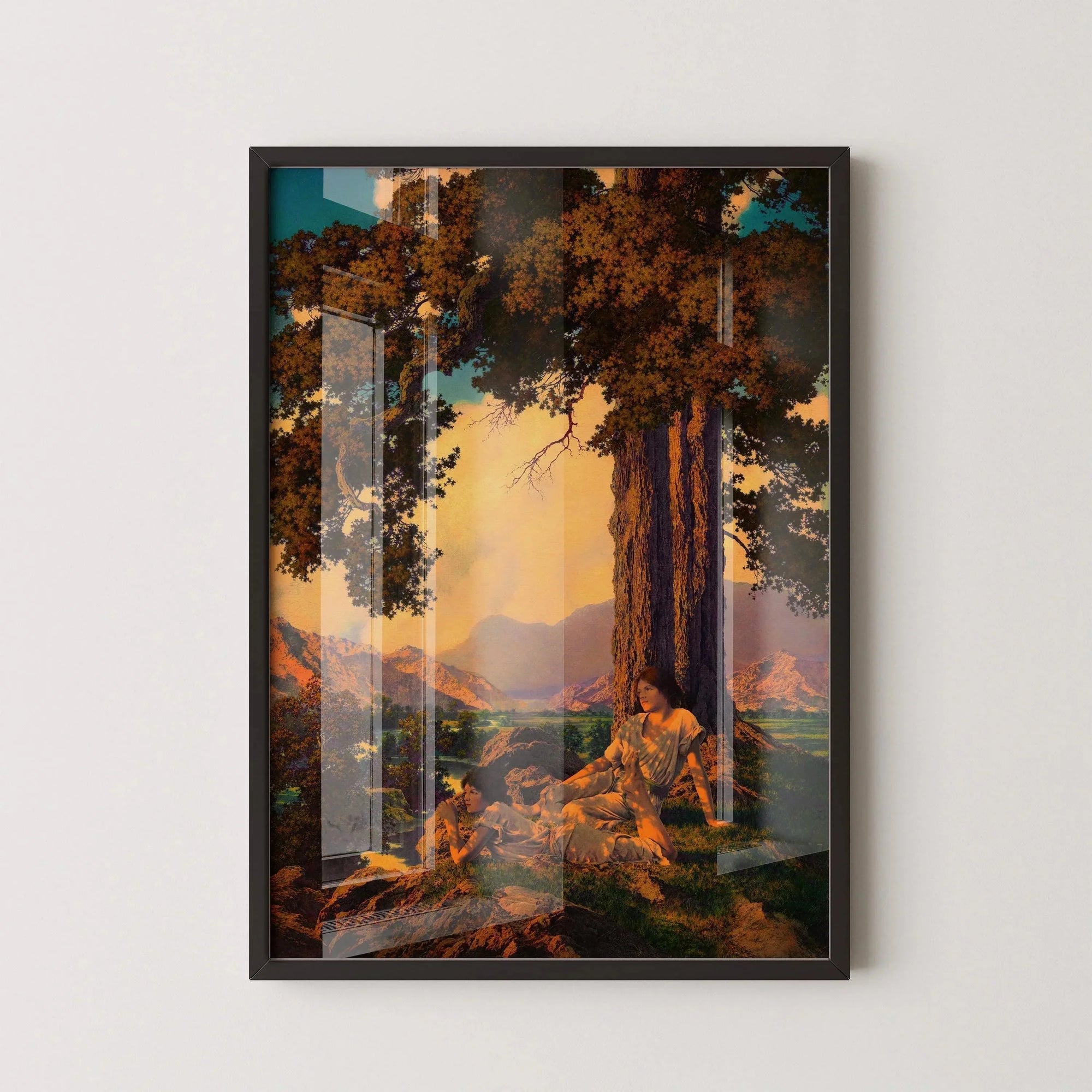 Framed Maxfield Parrish art print with figures under a large tree on a sunlit hilltop