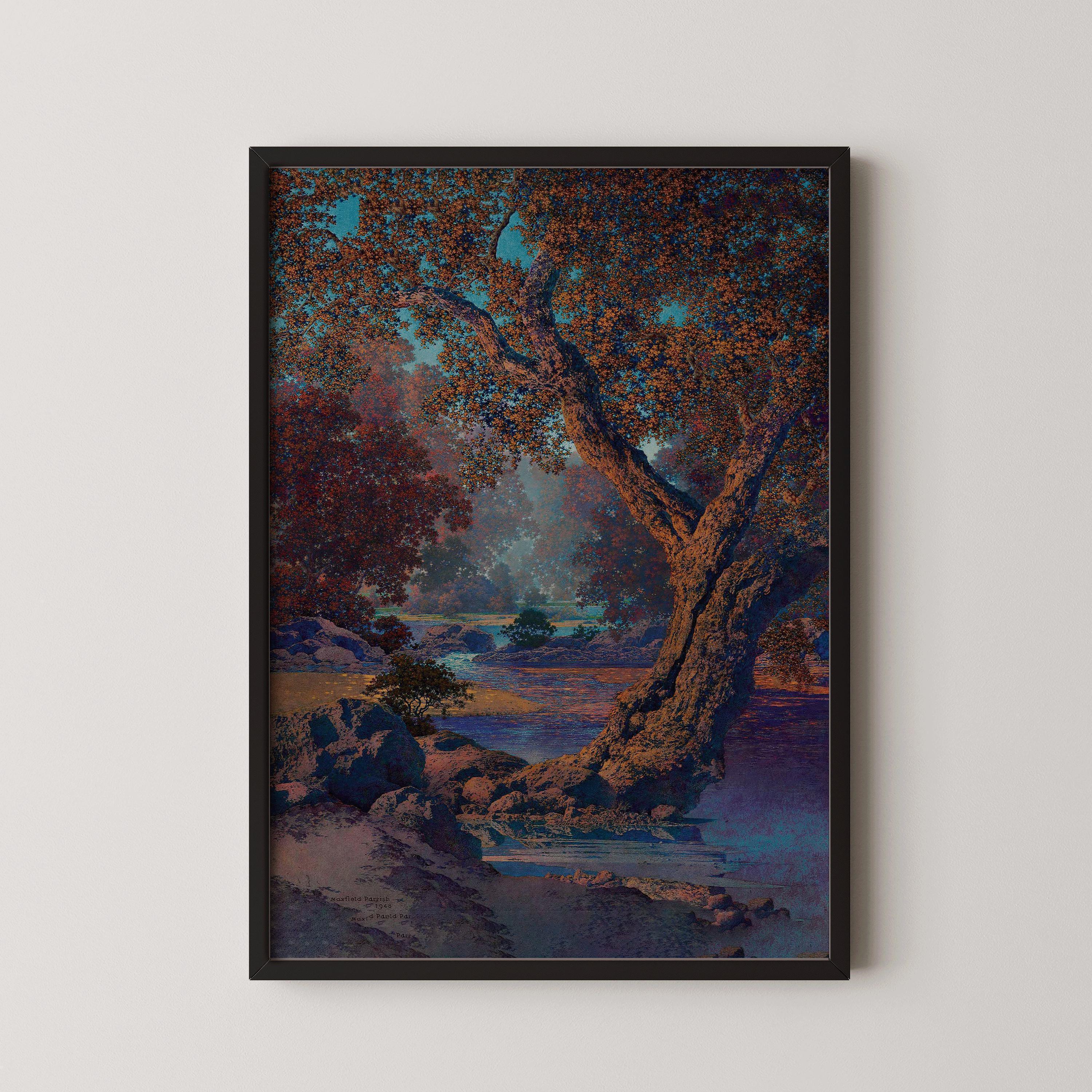 Framed Maxfield Parrish autumn landscape painting with colorful trees and brook.