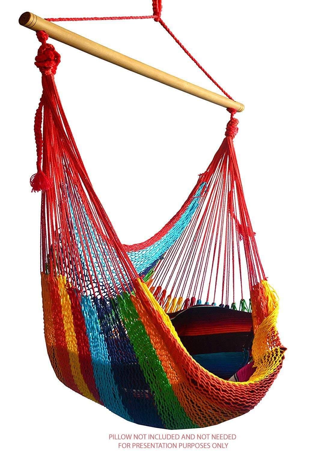 Colorful woven hammock chair with red, yellow, blue, and green stripes, wooden spreader bar