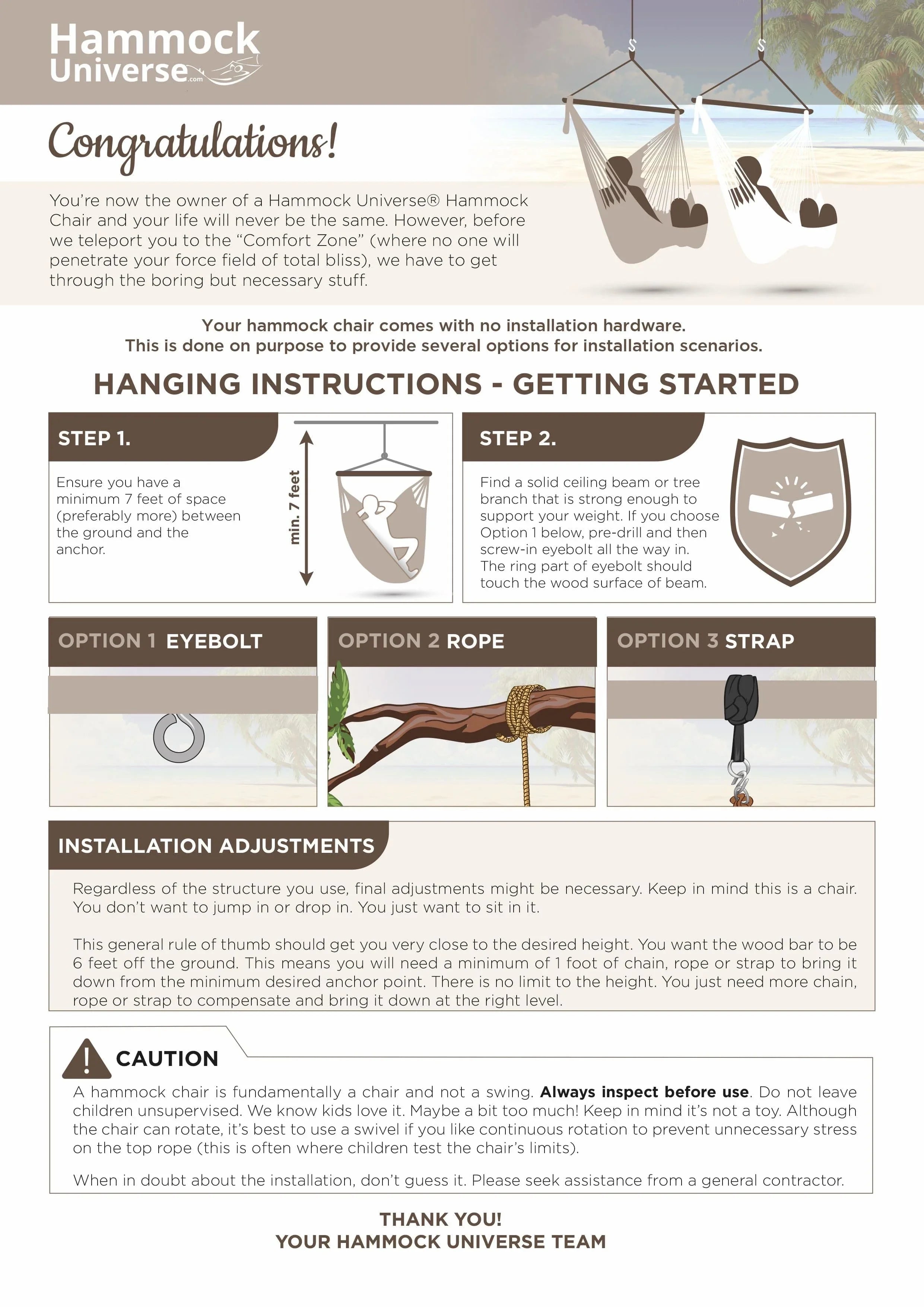 Hammock chair hanging instructions with diagrams, installation options, safety tips, and beach scene.