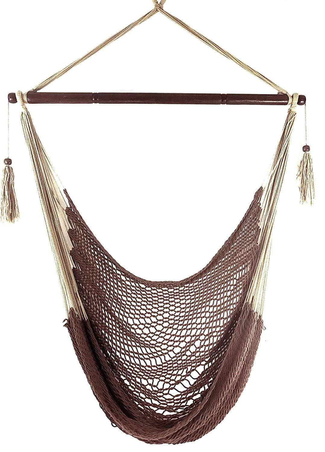 Brown Mayan hammock chair with woven net design and wooden spreader bar