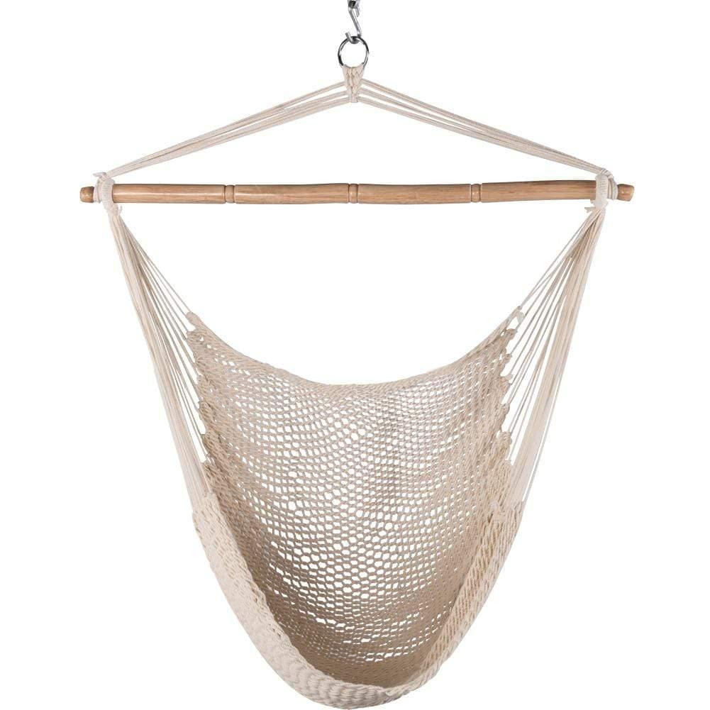 Natural Mayan hammock chair with a wooden spreader bar, hanging on a hook