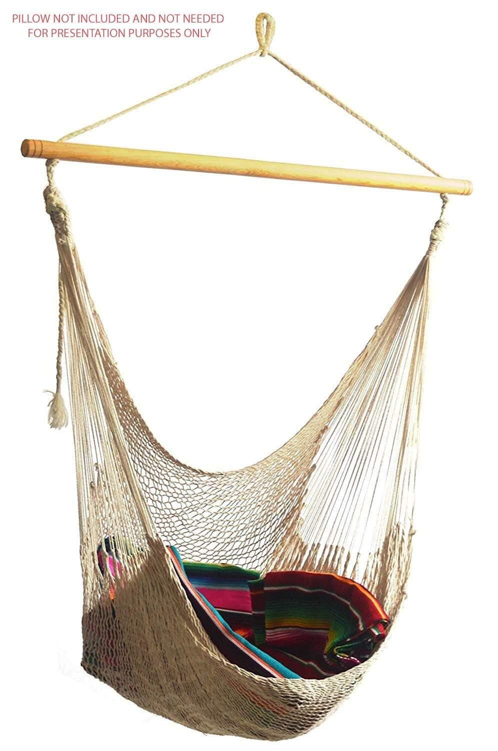 Handwoven natural rope hammock chair with wooden bar and colorful blanket, no pillow