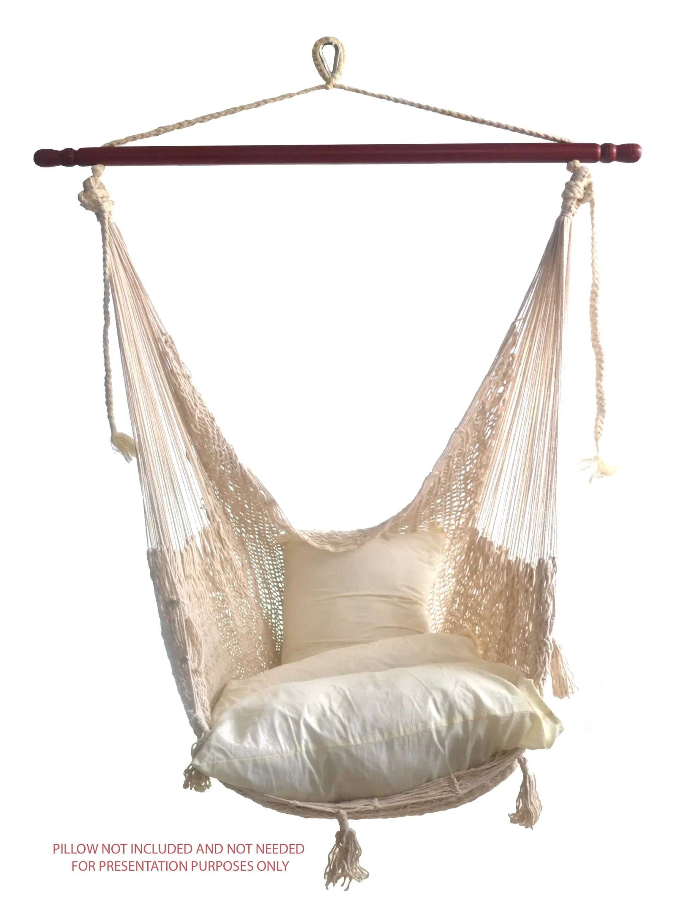 Deluxe natural hanging hammock chair with wooden spreader, cream woven cotton, no pillow included.