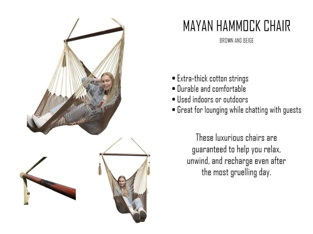 Brown and beige Mayan hammock chair with cotton strings, person lounging indoors or outdoors.
