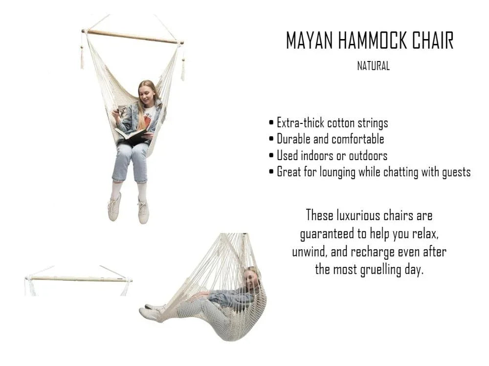 Natural Mayan hammock chair with cotton strings, shown with a person relaxing indoors.