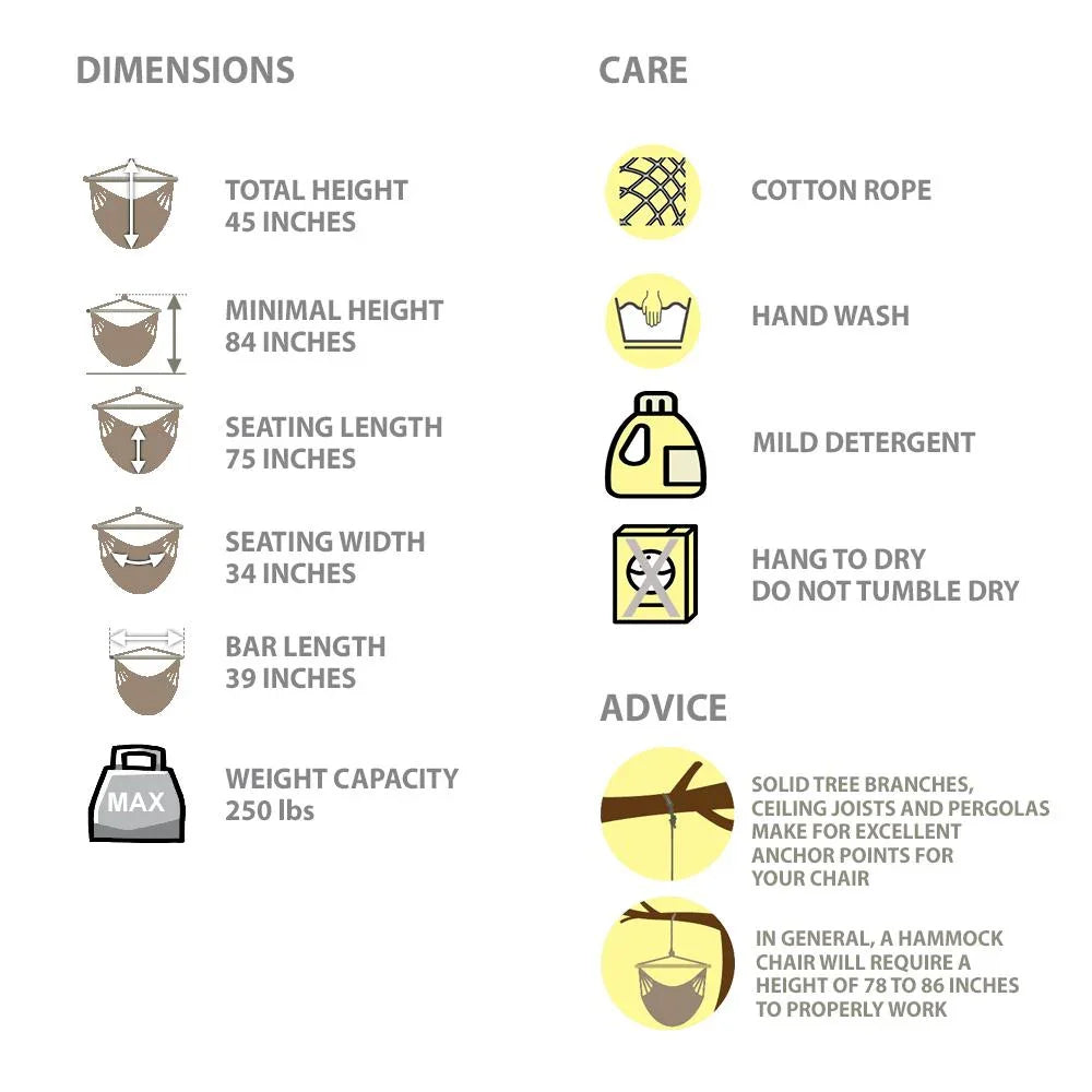 Mayan hammock chair care guide with dimensions, washing instructions, and hanging advice.