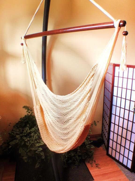 Indoor hammock chair with stand, wooden spreader bar, plants, and room divider