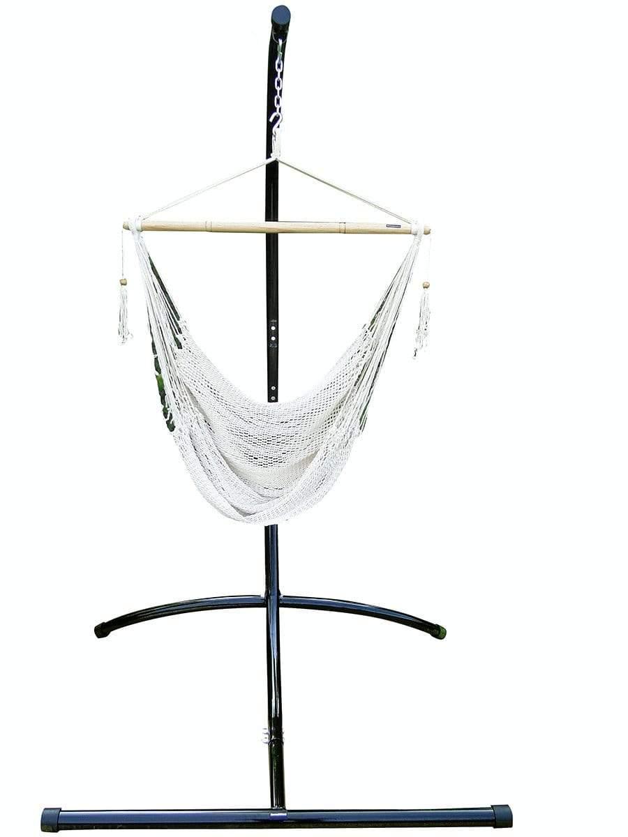Mayan hammock chair in natural color on a black metal stand, isolated on white background