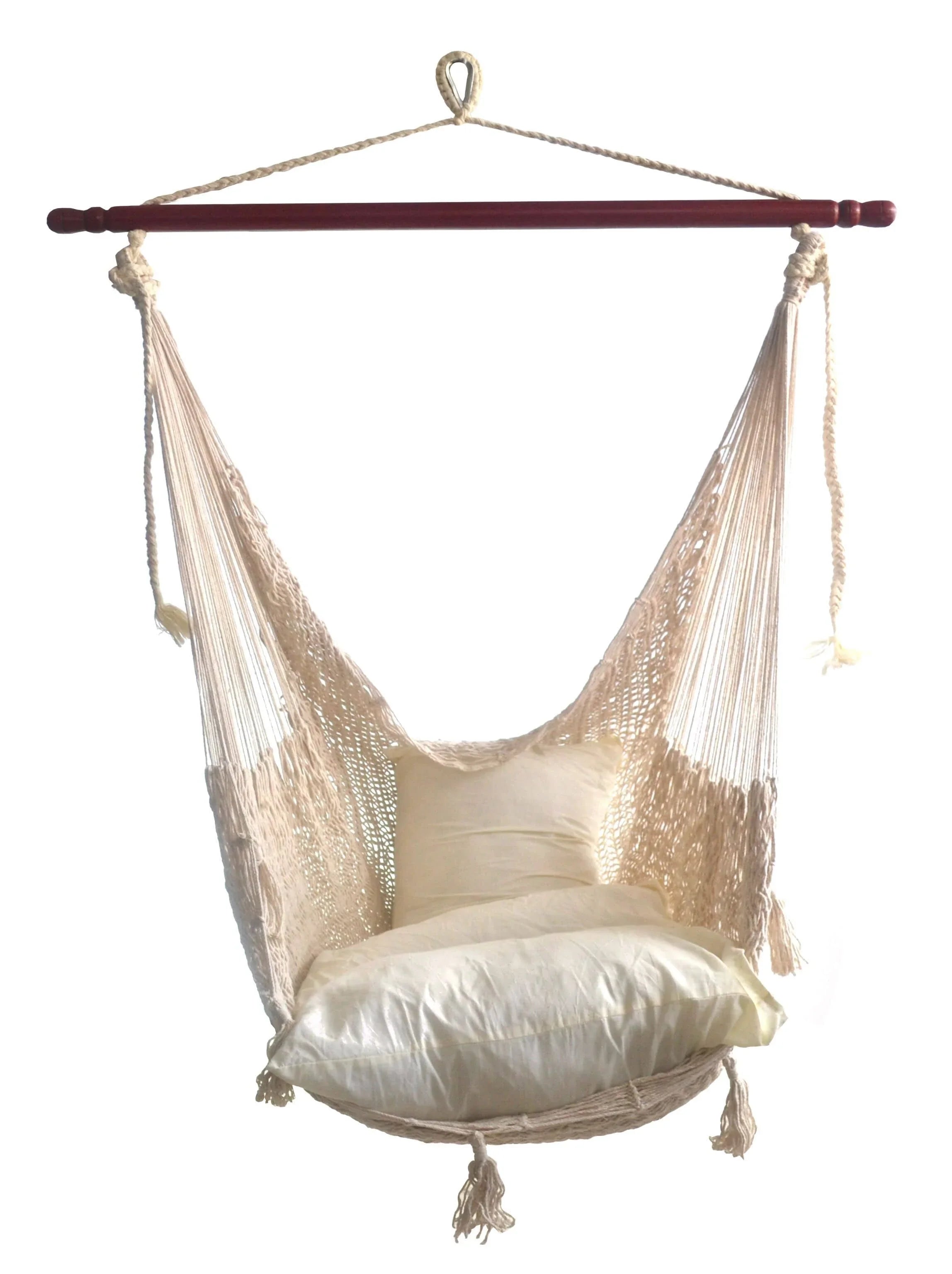 Deluxe natural cotton hanging hammock chair with wooden spreader bar and white cushion