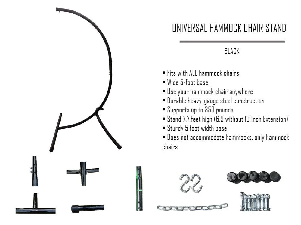 Universal black hammock chair stand with steel frame and accessories, assembly parts shown.