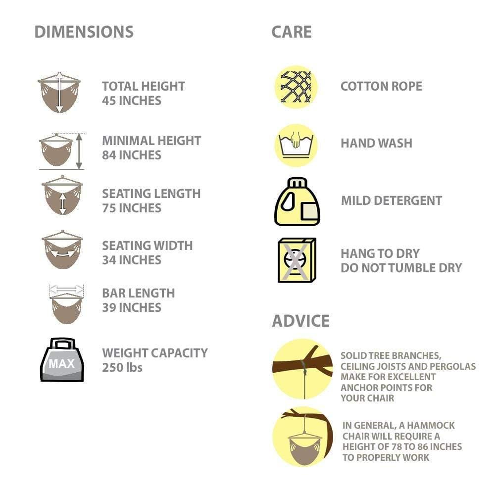 Mayan hammock chair dimensions, care instructions, and hanging advice infographic.
