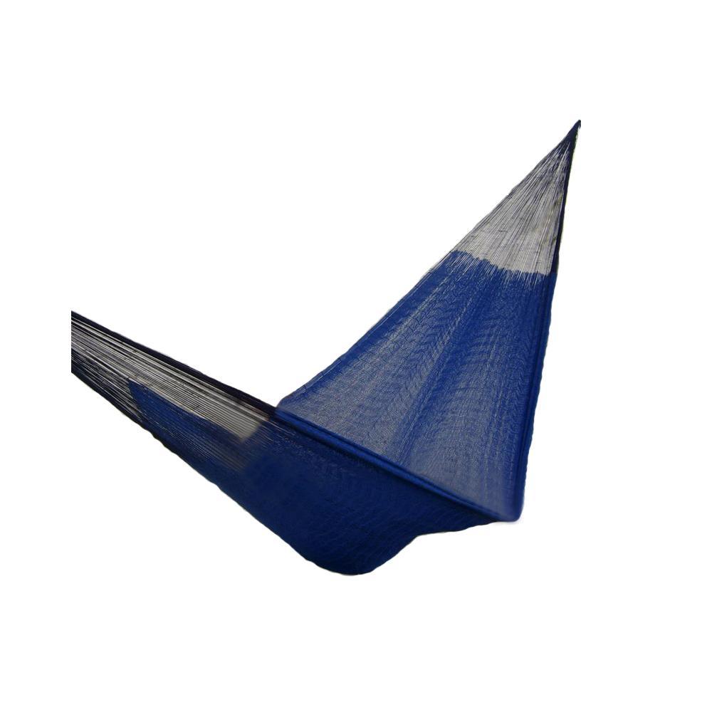 Blue double Mayan hammock with black and white accents on a white background