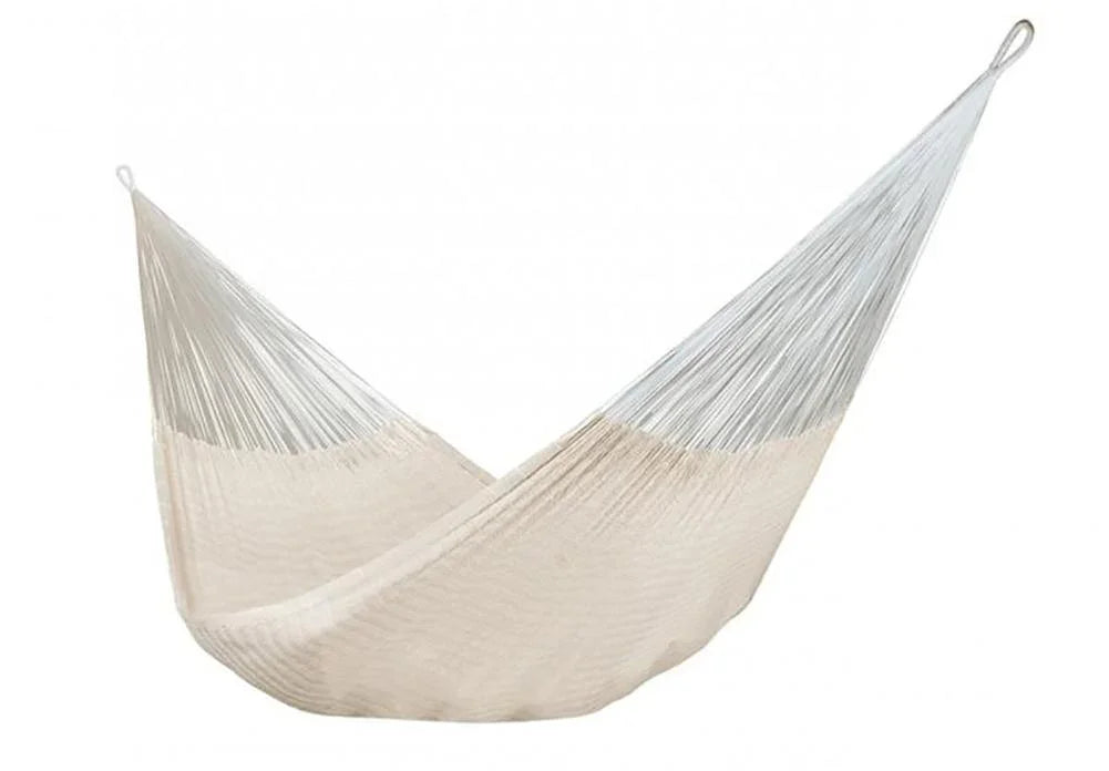 Natural Mayan hammock made of woven cream cotton, hanging with spread ropes