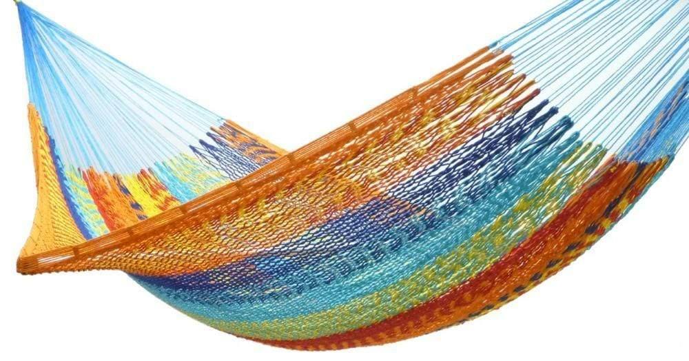 Mayan XL hammock with vibrant hot colors, handwoven in orange, blue, and yellow pattern.