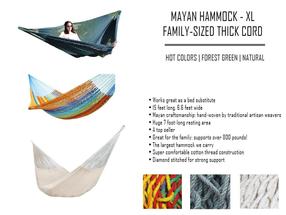 XL Mayan family hammock in thick cord, shown in forest green, multicolor, and natural, with close-up cord detail.