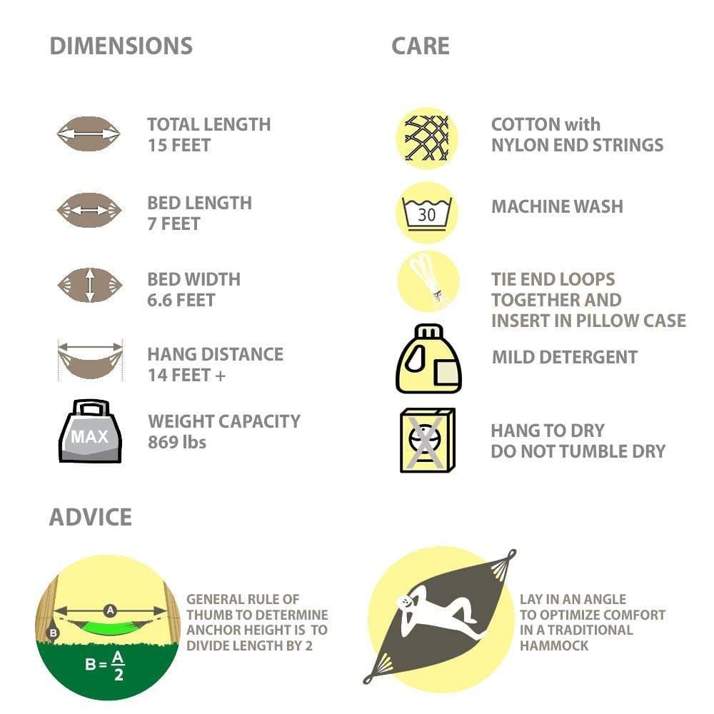 Mayan XL hammock dimensions, care instructions, and setup advice infographic.
