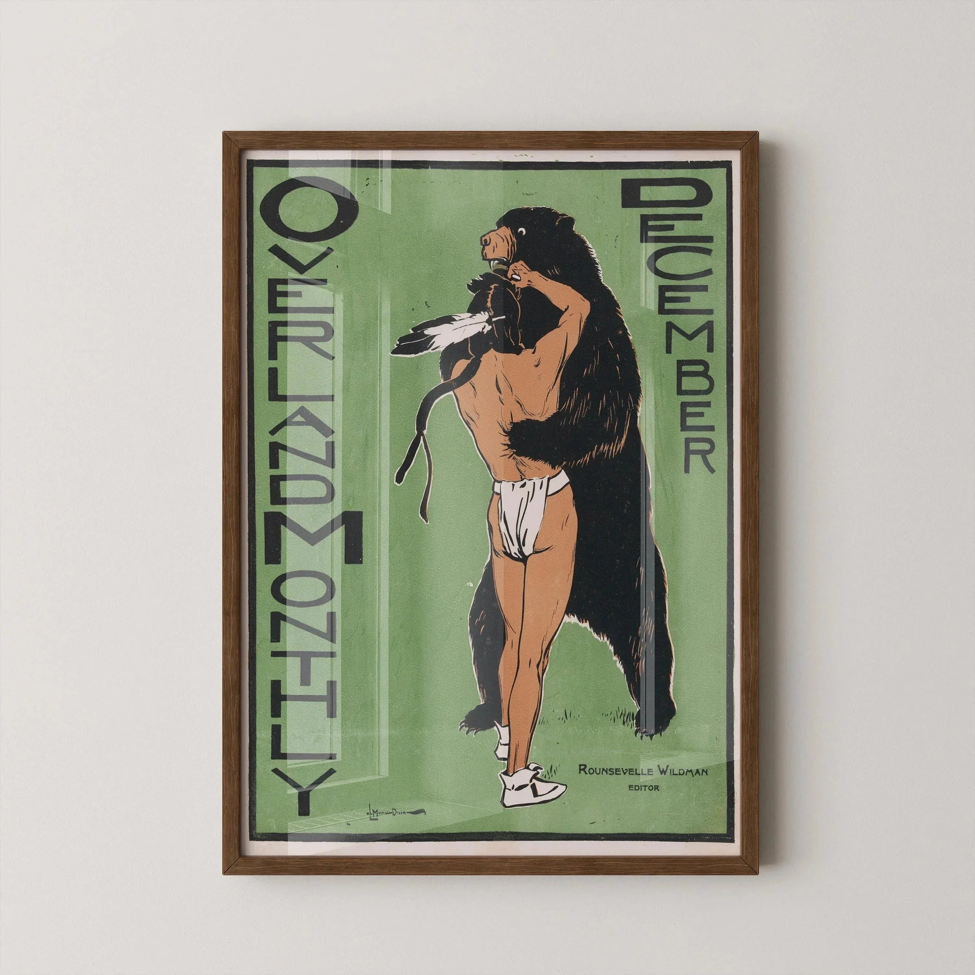 Vintage Overland Monthly magazine cover art with Native American and bear, green background, framed