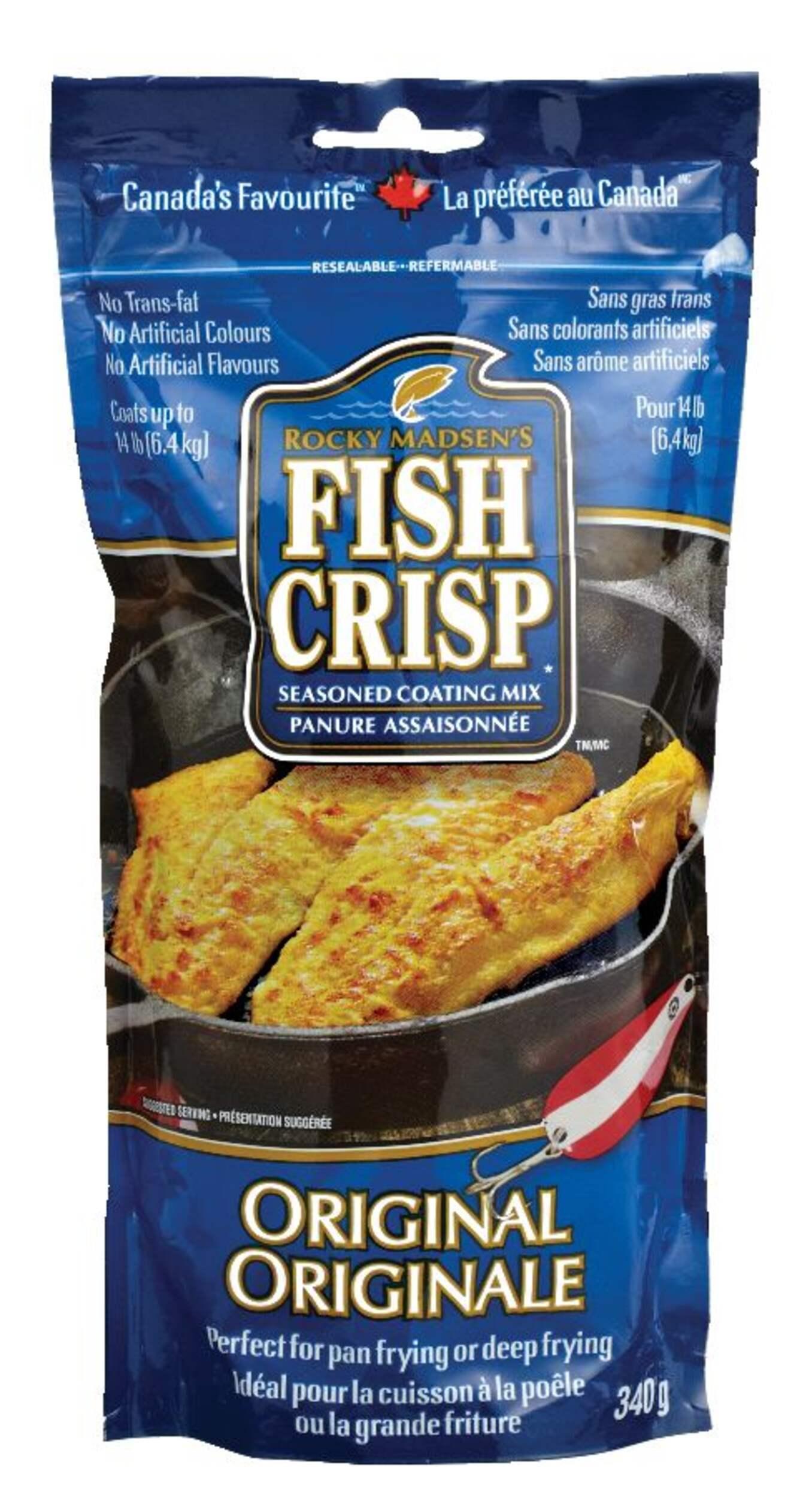 Rocky Madsen's Fish Crisp Original seasoned coating mix bag with fried fish image