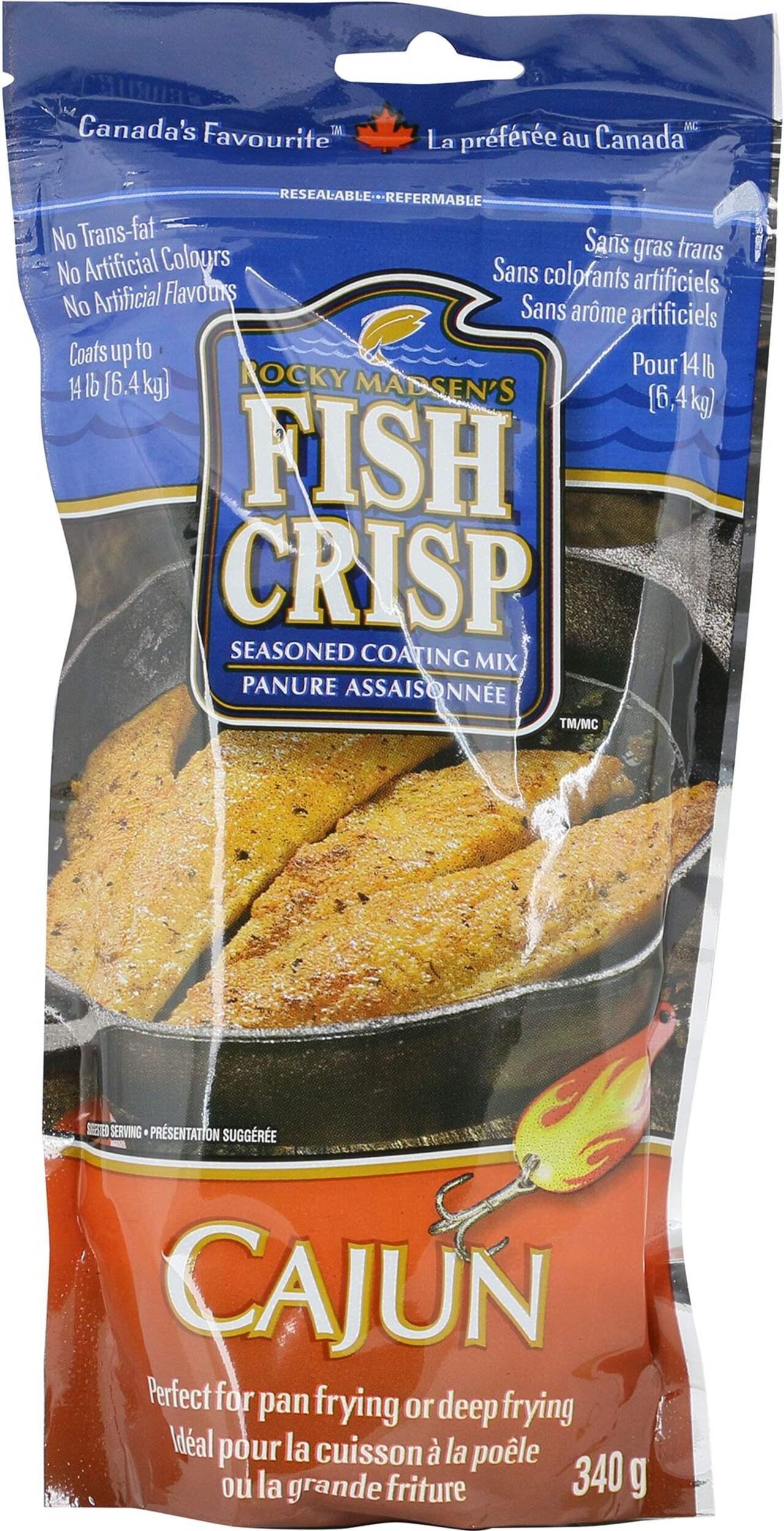 Rocky Madsen's Fish Crisp Cajun seasoned coating mix package with fried fish image