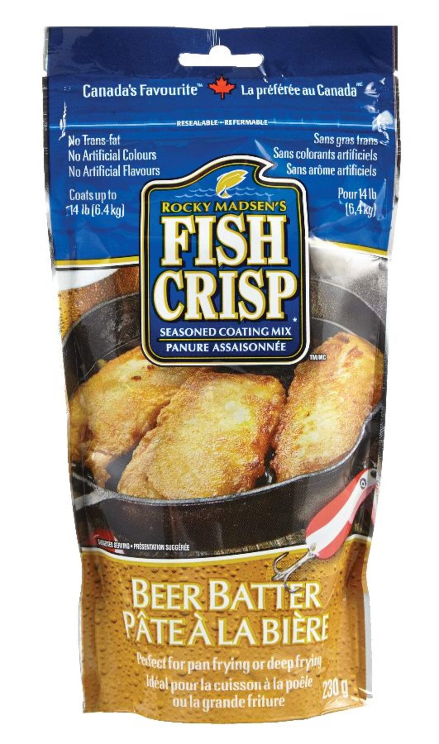 Rocky Madsen's Fish Crisp beer batter seasoned coating mix package with fried fish image