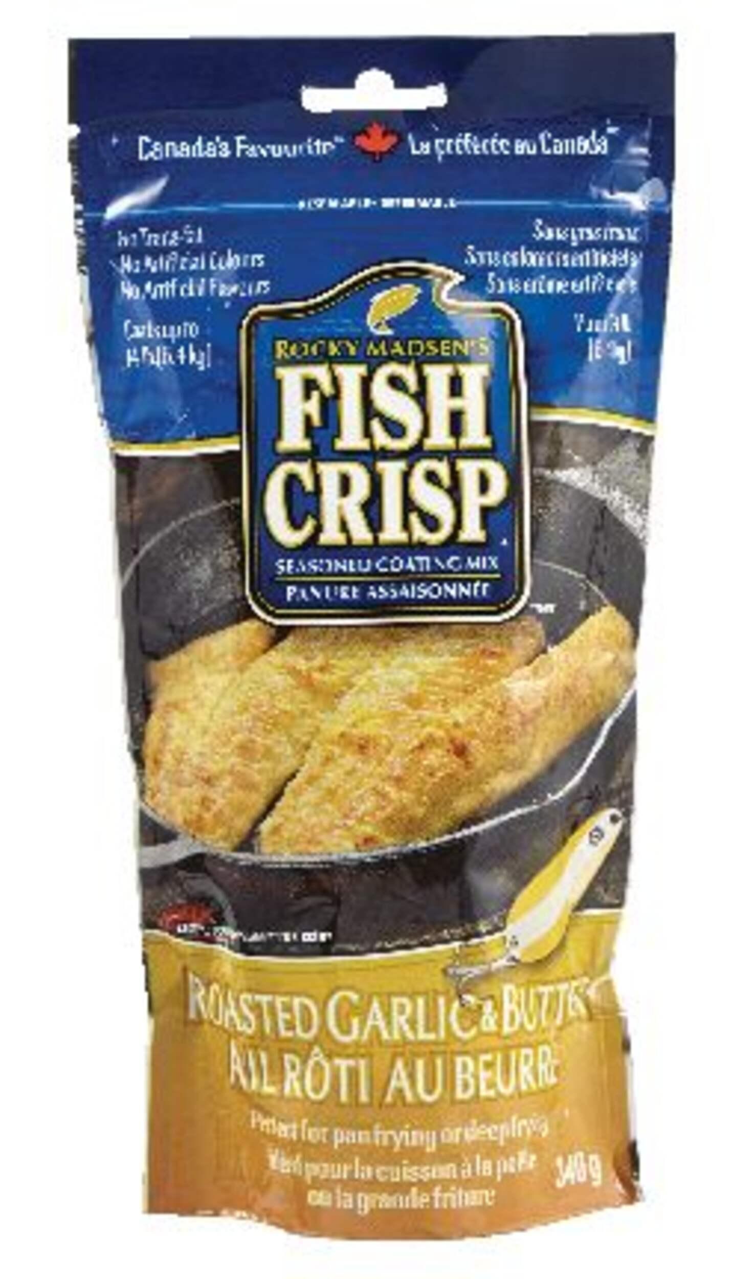 Rocky Madsen's Fish Crisp roasted garlic butter coating mix package with fried fish image