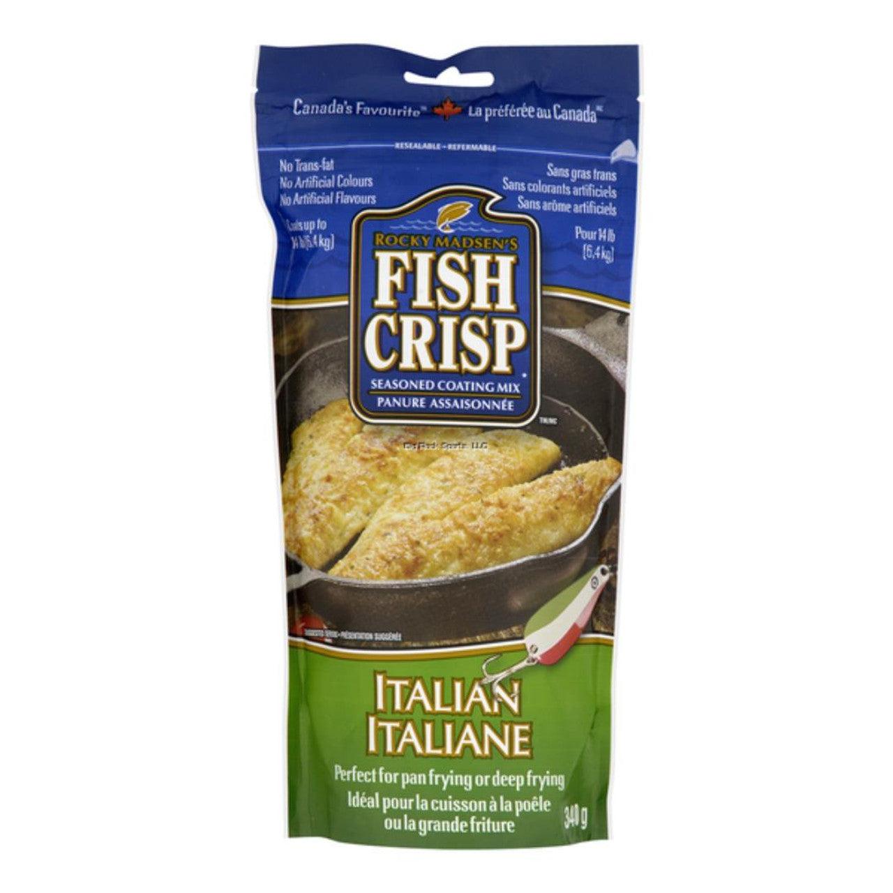 Rocky Madsen's Fish Crisp Italian seasoned coating mix packaging with fried fish image