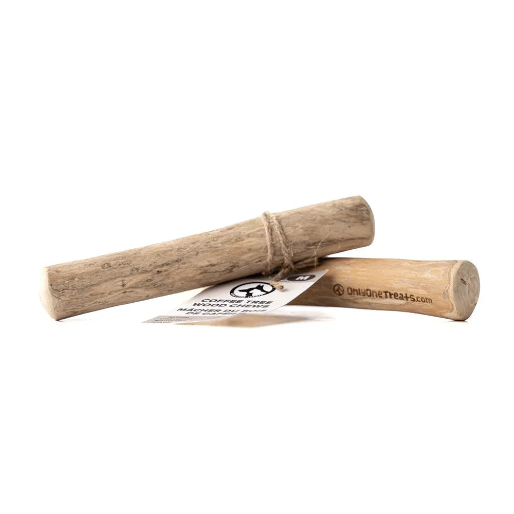 Medium coffee wood chew for dogs with natural finish on white background