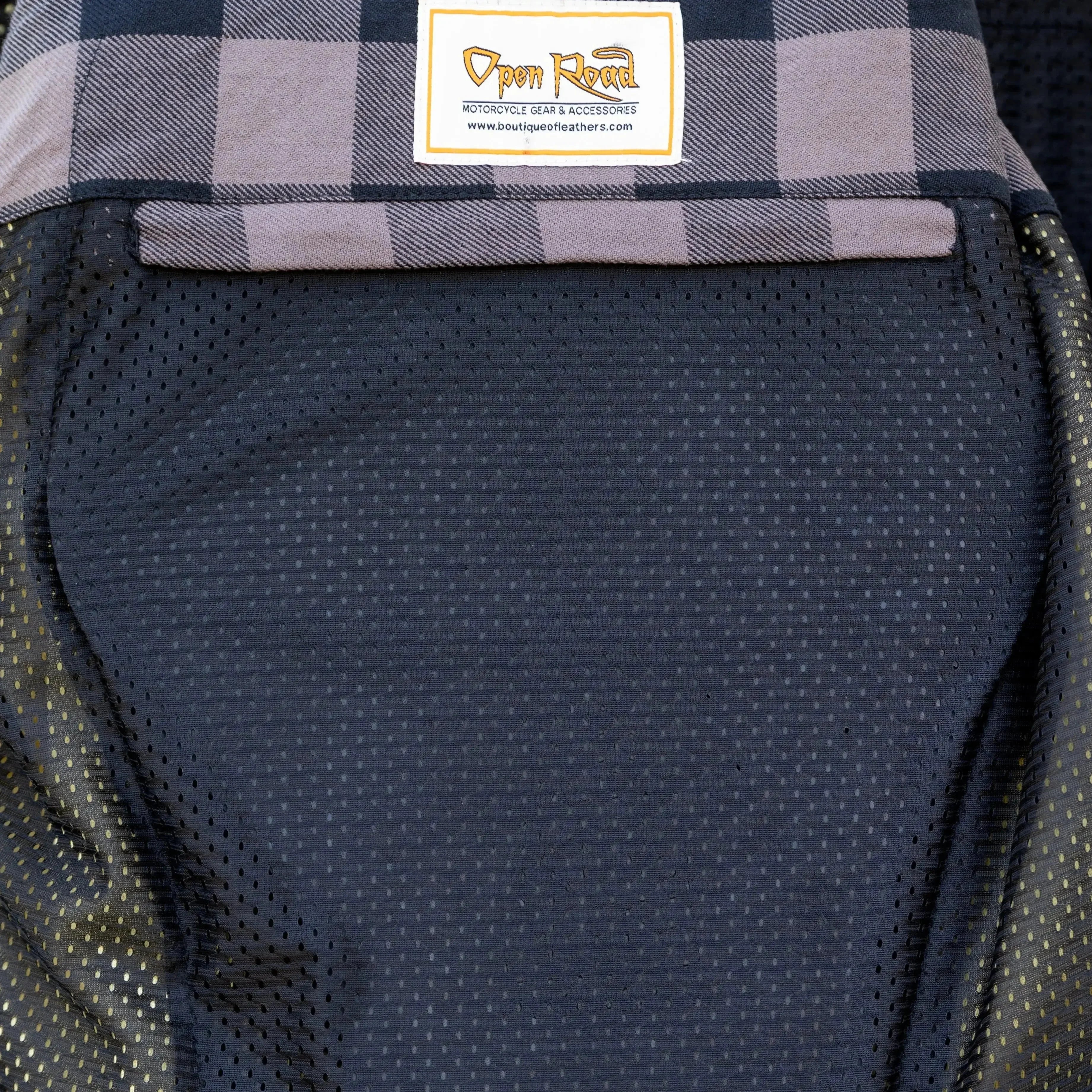Open Road motorcycle gear flannel jacket interior with mesh lining and plaid collar