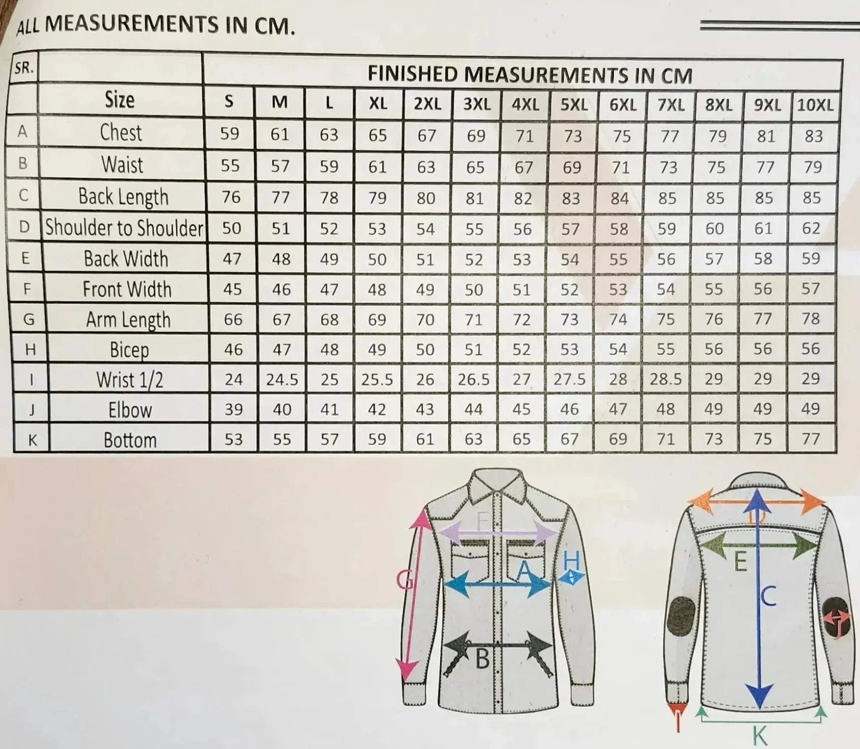 Shirt size chart with chest, waist, arm measurements and measurement illustration diagrams.