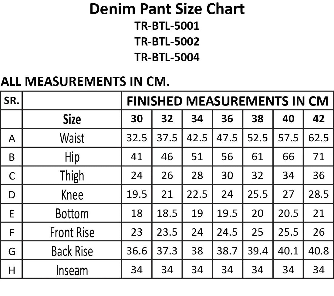 Denim pant size chart with waist, hip, thigh, and inseam measurements in cm for sizes 30-42.