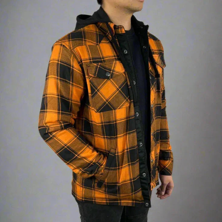 Man wearing orange and black plaid flannel jacket with hood, casual outerwear fashion
