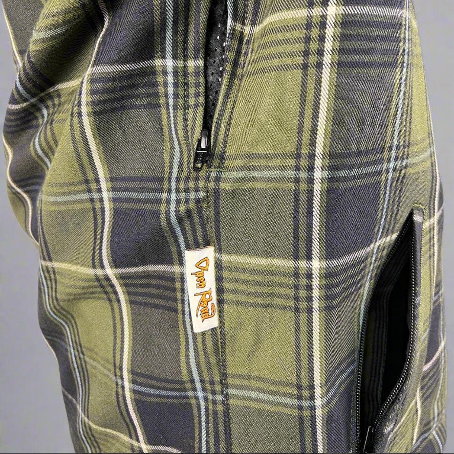 Green plaid flannel shirt with zippered pockets and Open Road clothing label