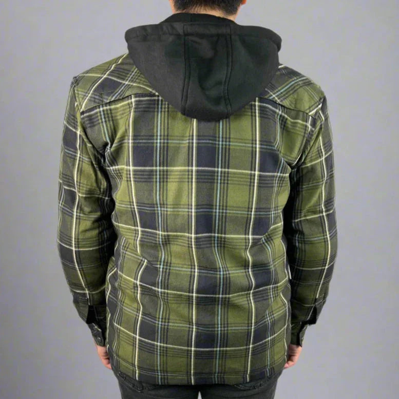 Man in green plaid flannel shirt with black hood, shown from the back