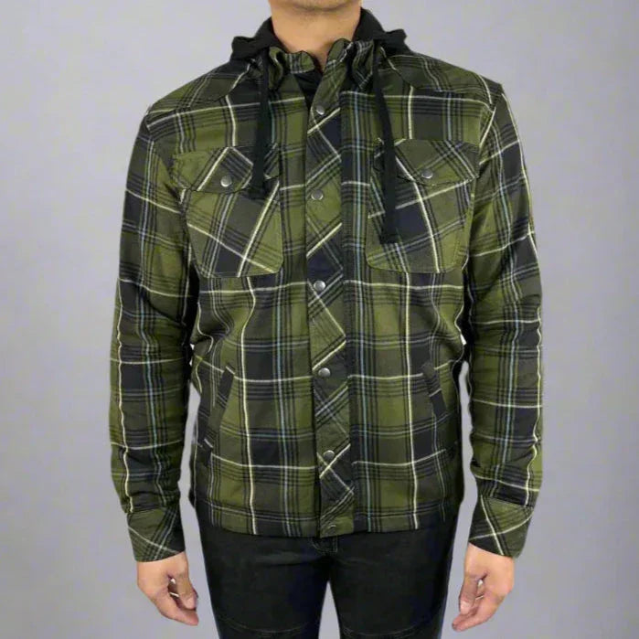 Man wearing green plaid flannel jacket with hood and front pockets on gray background