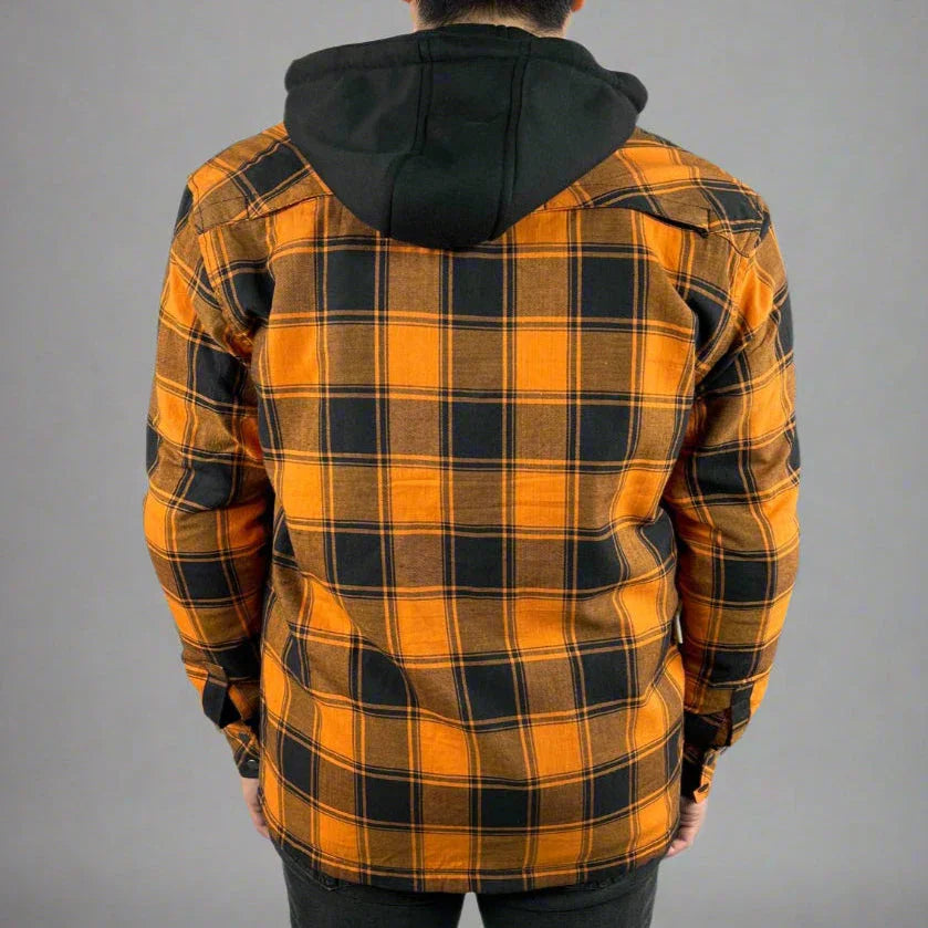 Back view of man wearing yellow plaid flannel shirt with hood, gray background