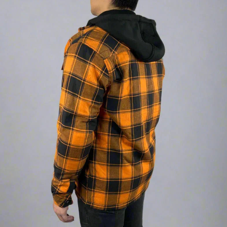 Man wearing orange plaid flannel shirt with black hood, back view, studio background
