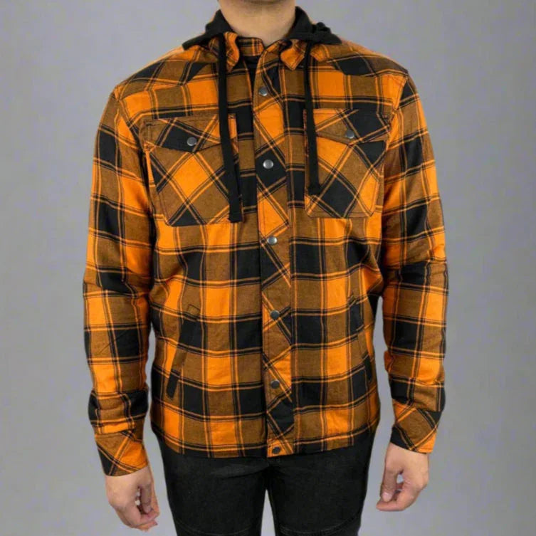 Man wearing orange and black plaid flannel shirt with hood against plain background