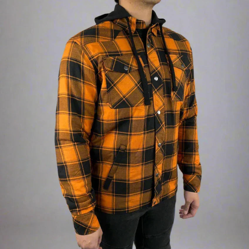 Man wearing orange and black plaid flannel jacket with hood, front pockets, casual style