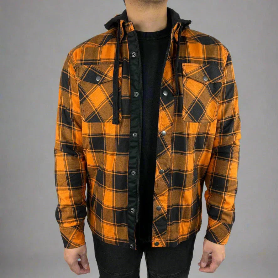 Man wearing orange black plaid flannel jacket with hood against gray background